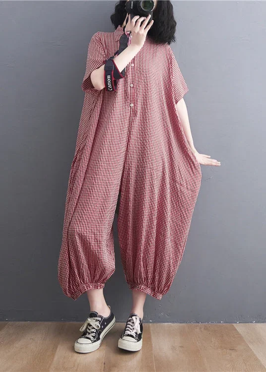 loose-red-plaid-button-peter-pan-collar-pocket-linen-jumpsuits-short-sleeve