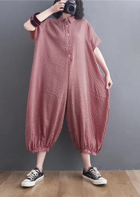 loose-red-plaid-button-peter-pan-collar-pocket-linen-jumpsuits-short-sleeve