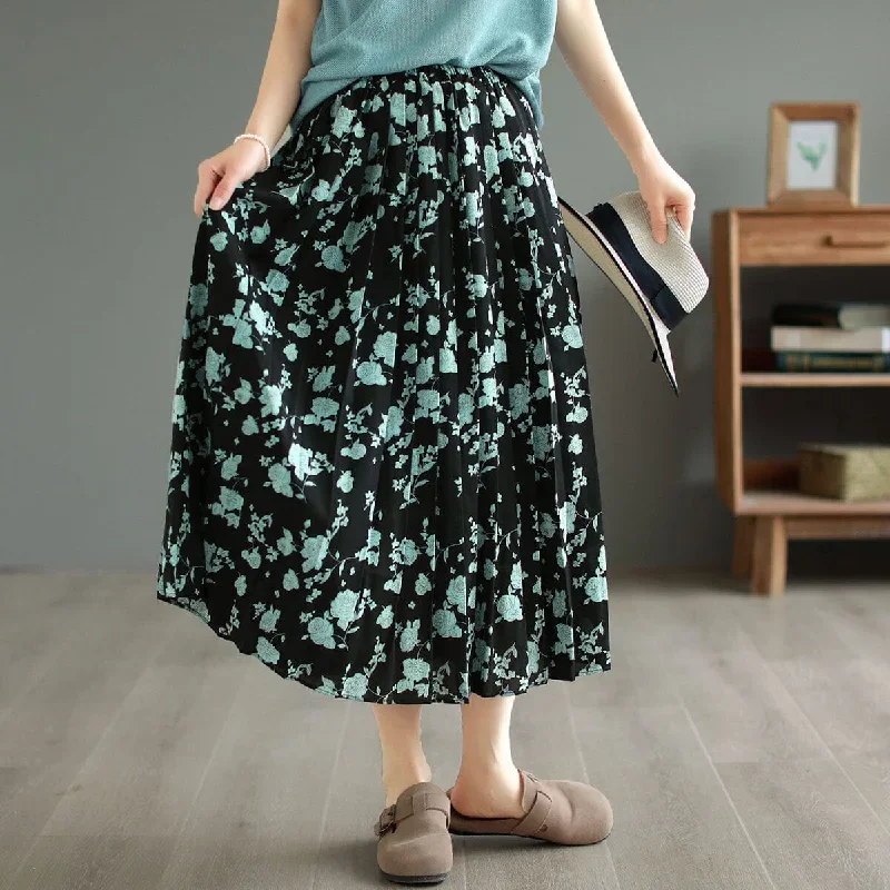 loose-retro-floral-print-skirt-summer