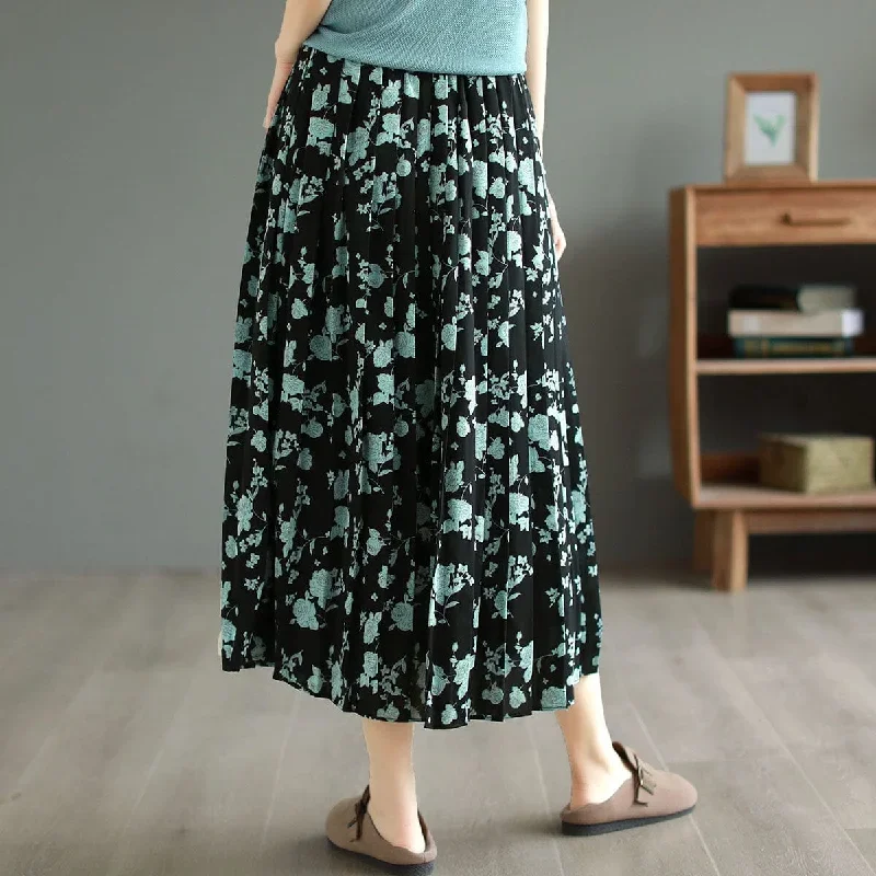 loose-retro-floral-print-skirt-summer