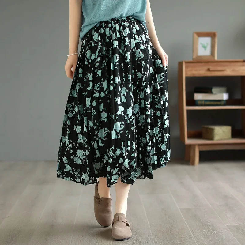 loose-retro-floral-print-skirt-summer