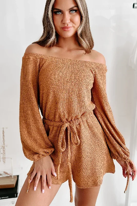 Lost In A Daydream Long Sleeve Waffle Knit Romper (Camel)