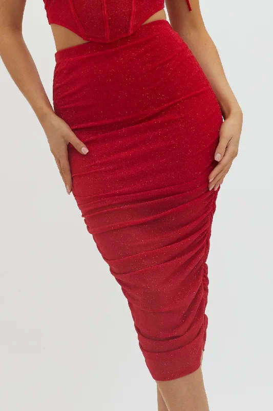 maddisan-ruched-glitter-mesh-midi-skirt-red