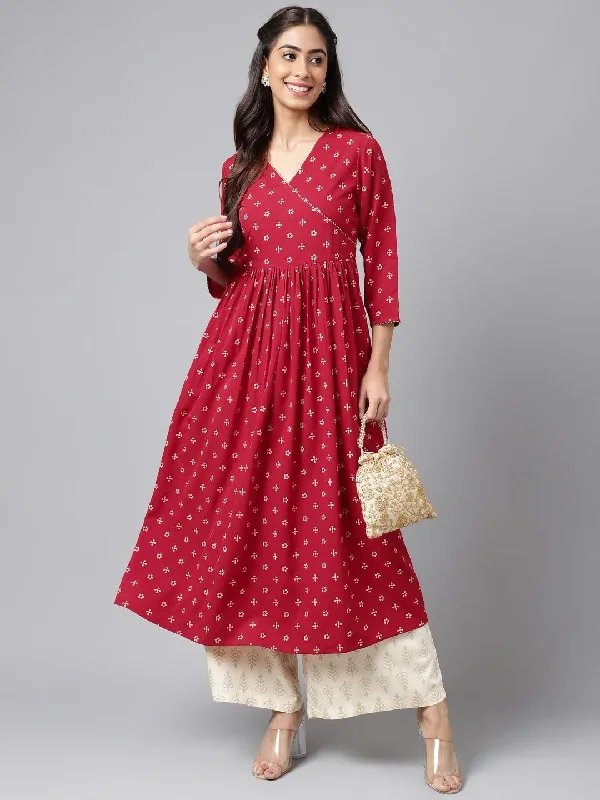 Maroon Crepe Bandhani Printed Flared Kurta