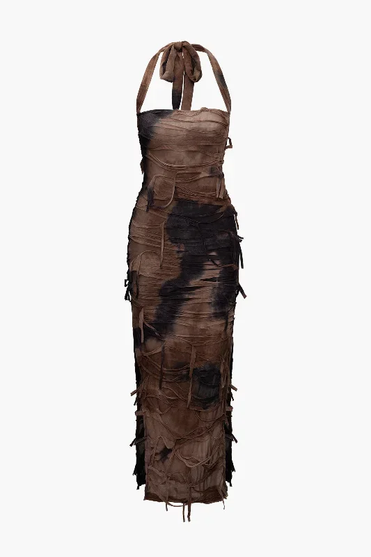 Tie Dye Distressed Mesh Slit Halter Maxi Dress