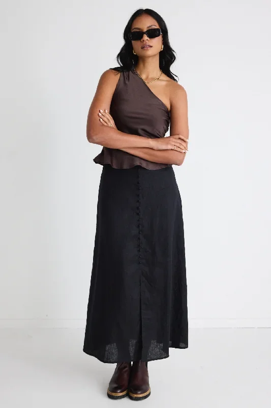 Mercy Black Linen Button Front Aline Skirt