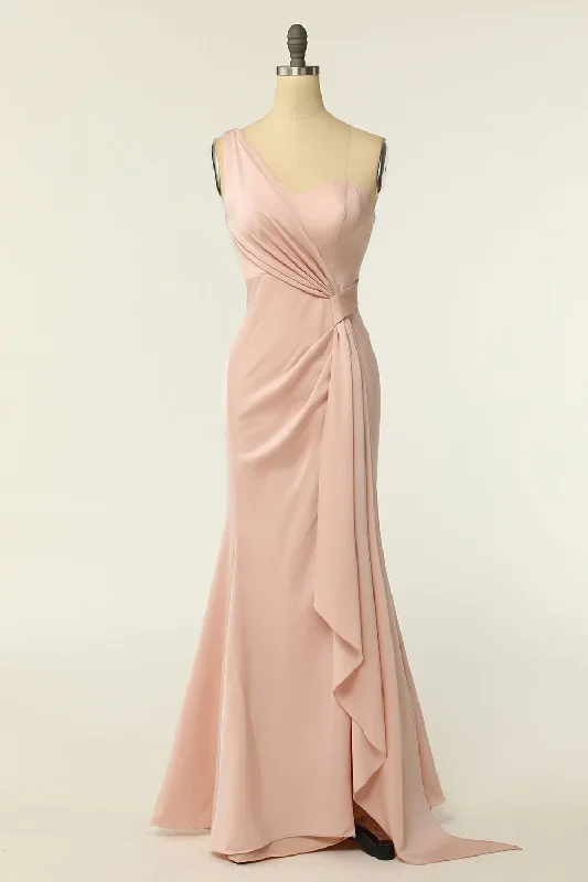 Mermaid One Shoulder Blush Pink Ruffles Bridesmaid Dress