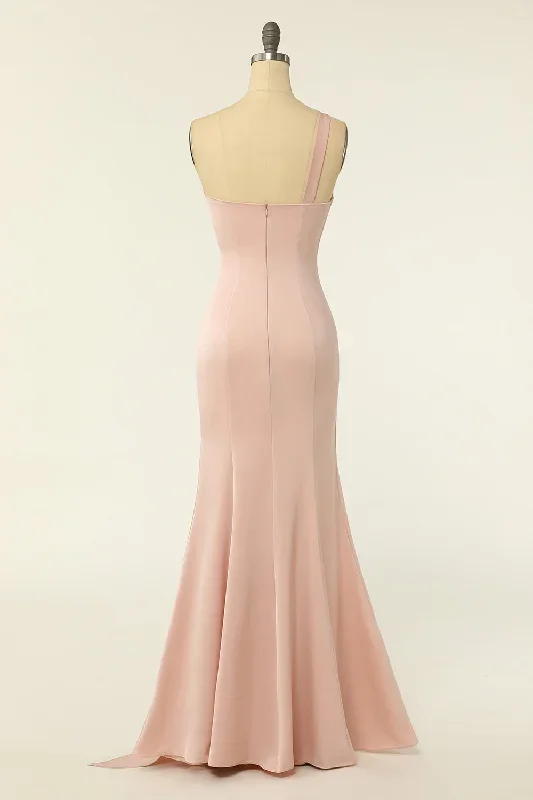 mermaid-one-shoulder-blush-pink-ruffles-bridesmaid-dress