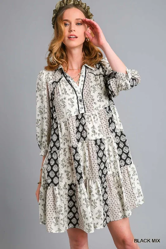 Mixed Print Puff Sleeve Tiered Dress