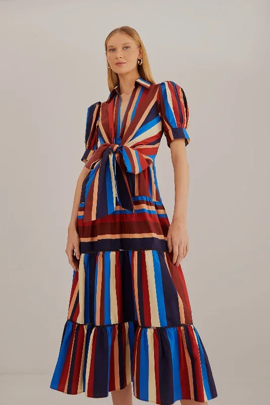 Multicolor Winter Stripes Short Sleeve Midi Dress