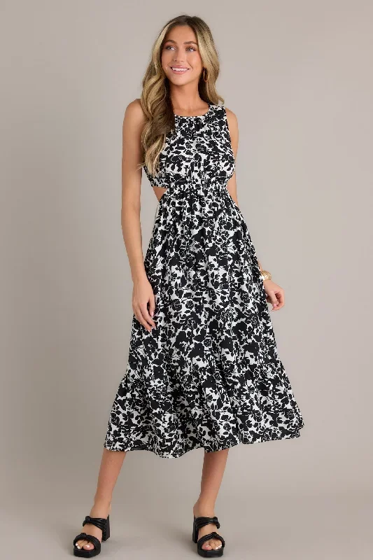 Nature's Charm Black Floral Cutout Midi Dress