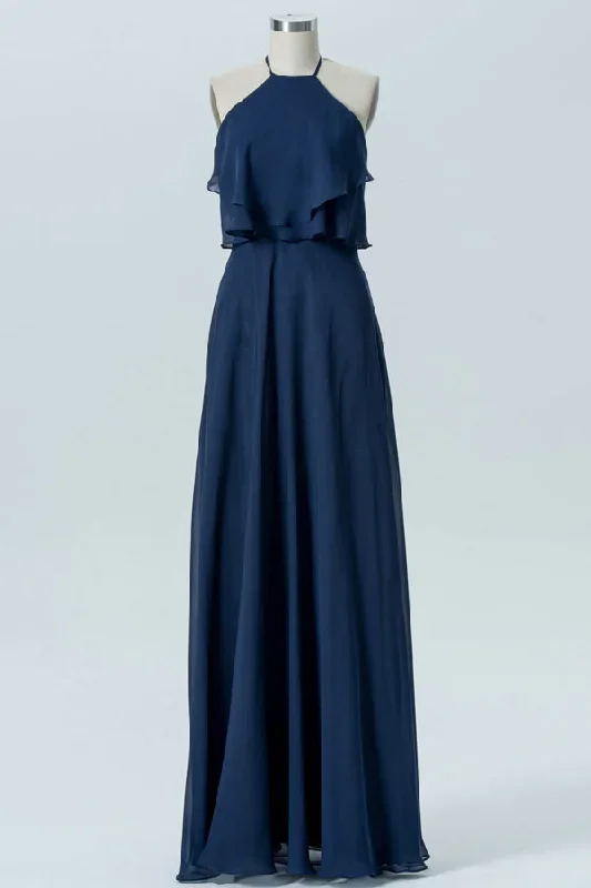 Navy Blue Halter Backless Ruffled Bridesmaid Dress