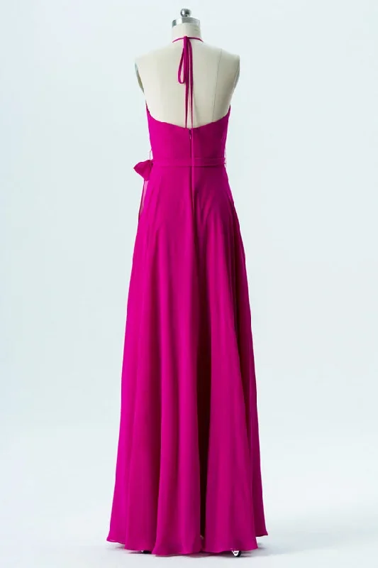 neon-pink-halter-cowl-neck-bridesmaid-dress