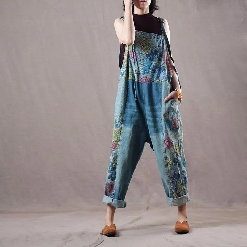 new blue prints denim trousers women baggy cotton casual jumpsuit pants