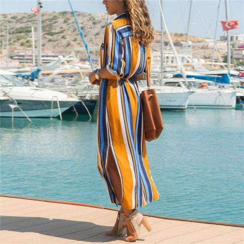 new-spring-womens-arrival-stripe-t-shirt-high-waist-casual-beach-style-loose-long-dress