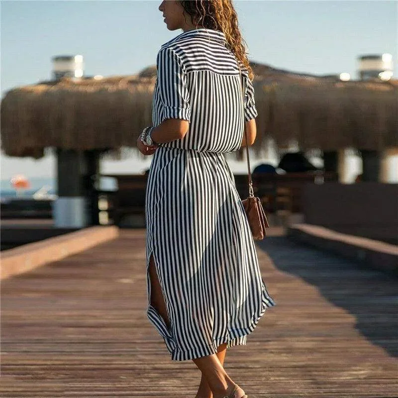 new-spring-womens-arrival-stripe-t-shirt-high-waist-casual-beach-style-loose-long-dress