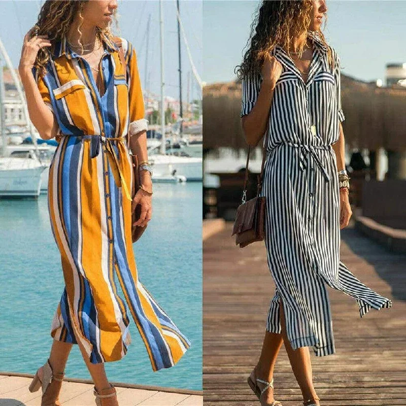 new-spring-womens-arrival-stripe-t-shirt-high-waist-casual-beach-style-loose-long-dress