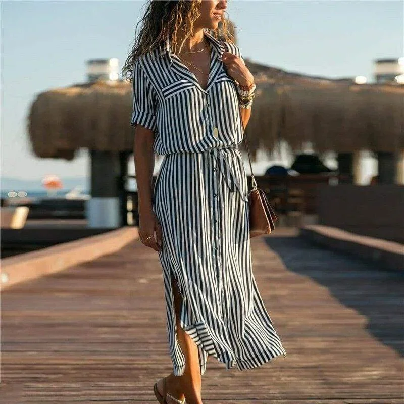 new-spring-womens-arrival-stripe-t-shirt-high-waist-casual-beach-style-loose-long-dress