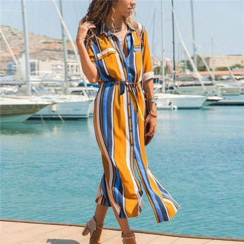 new-spring-womens-arrival-stripe-t-shirt-high-waist-casual-beach-style-loose-long-dress