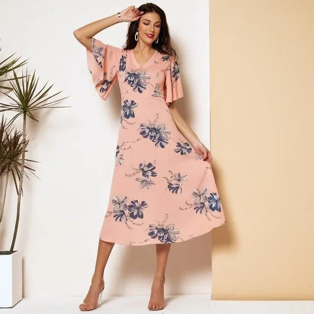 new-summer-dress-women-2021-pink-floral-printing-v-neck-slim-fiitted-ruffle-short-sleeves-a-line-thin-chiffon-sweet-midi-dresses