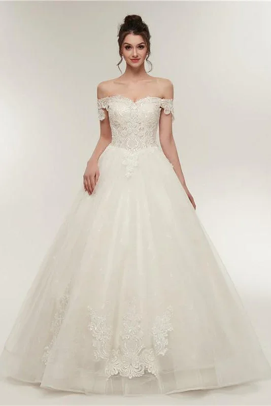 Pirncess Long Off Shoulder A-line Ivory Wedding Dress with Lace