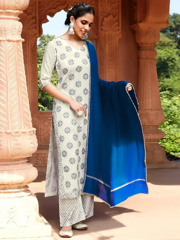 Off- White Poly Silk Ethnic Motifs Kurta with Palazzo and Dupatta