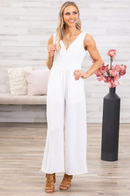 Off White Smocked Waist Double V-Neck Jumpsuit