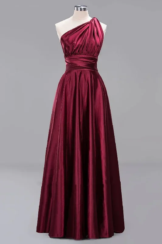 One Shoulder Pleated Burgundy Long Bridesmaid Dress