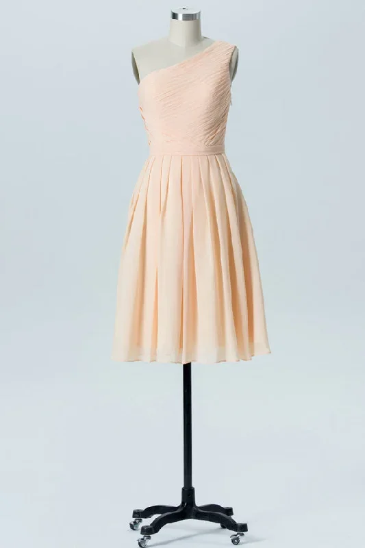 One Shoulder Pleated Short Peach Bridesamaid Dress