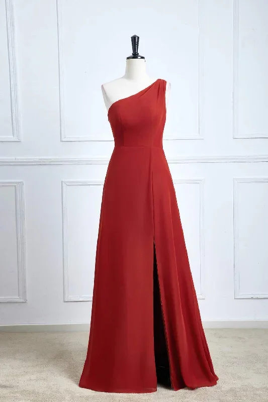 One Shoulder Rust A-Line Slit Bridesmaid Dress