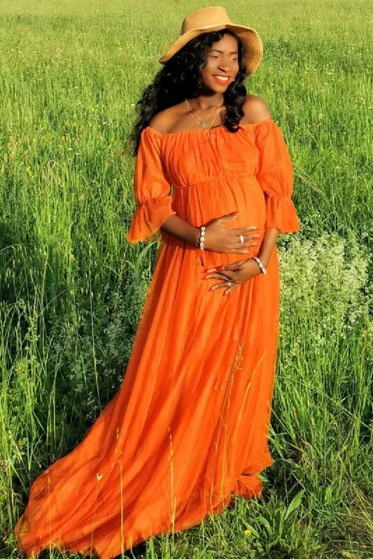 Orange Off-the-Shoulder Long Maternity Bridesmaid Dress