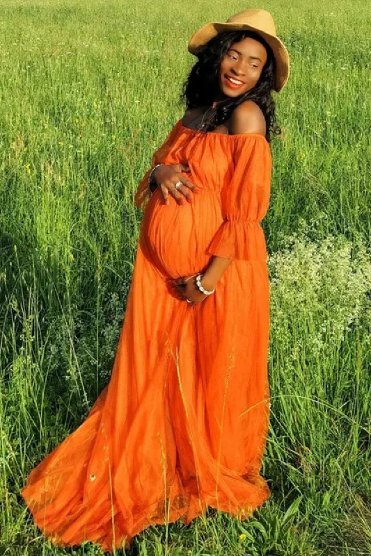 orange-off-the-shoulder-long-maternity-bridesmaid-dress