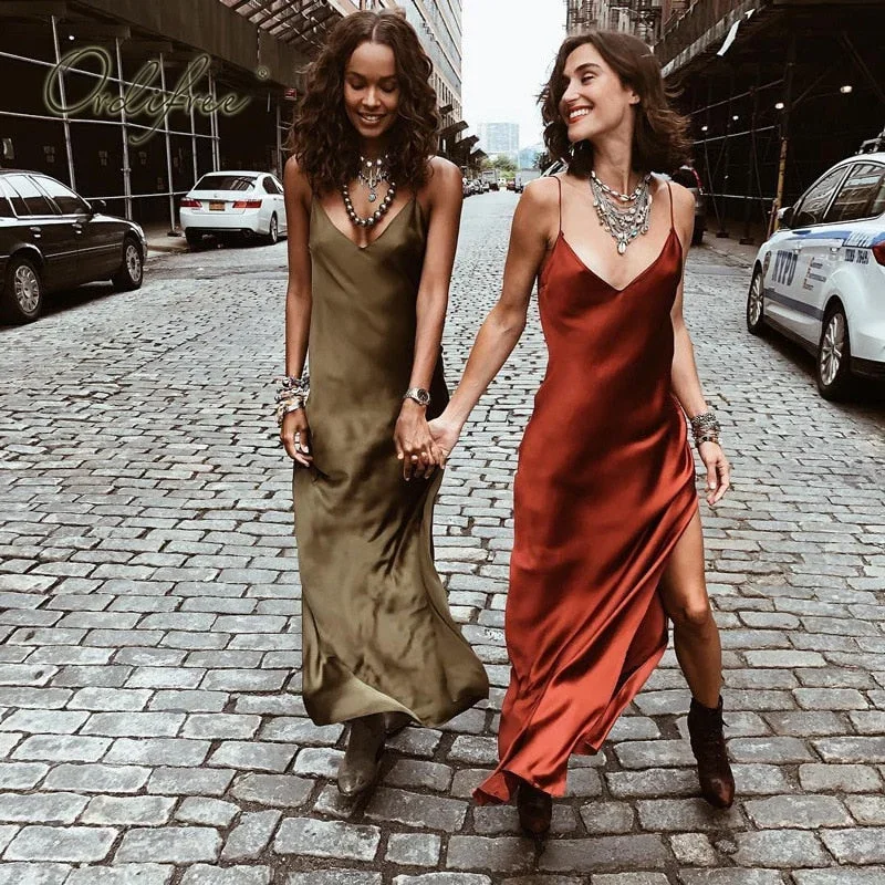 Ordifree 2019 Summer Women Long Silk Dress Spaghetti Strap Loose Split Sexy Maxi Satin Slip Dress