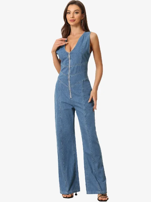 Women's Jean Jumpsuit V Neck Zip Up Backless Cut Out Denim Jumpsuit