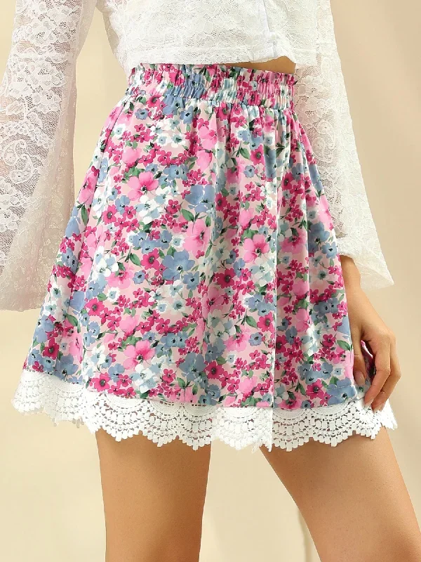 Floral Print Elastic Waist A-Line Lace Scalloped Hem Mini Skirt