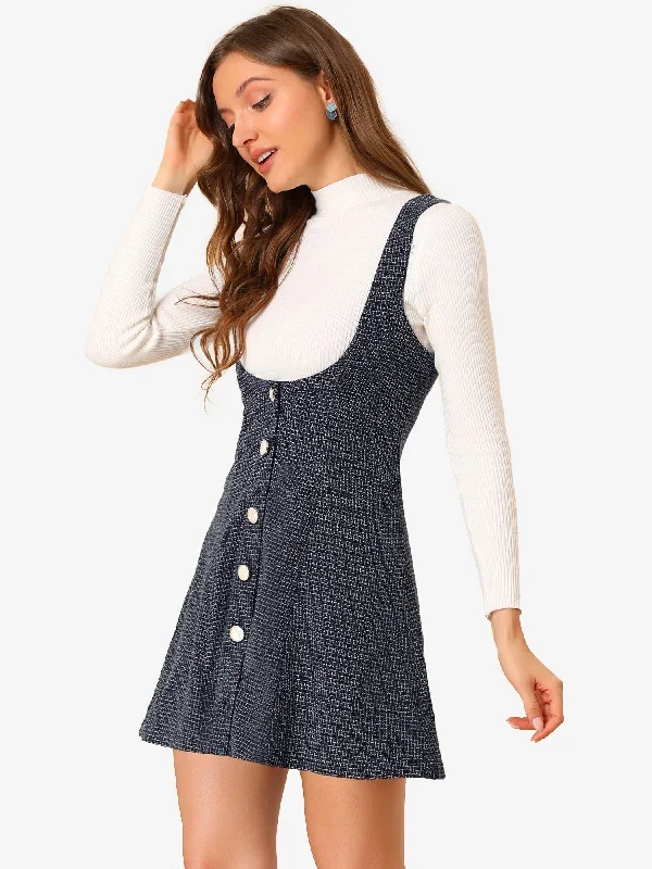 Tweed Skirt Button Front A-line High Waist Pinafore Overall Dress