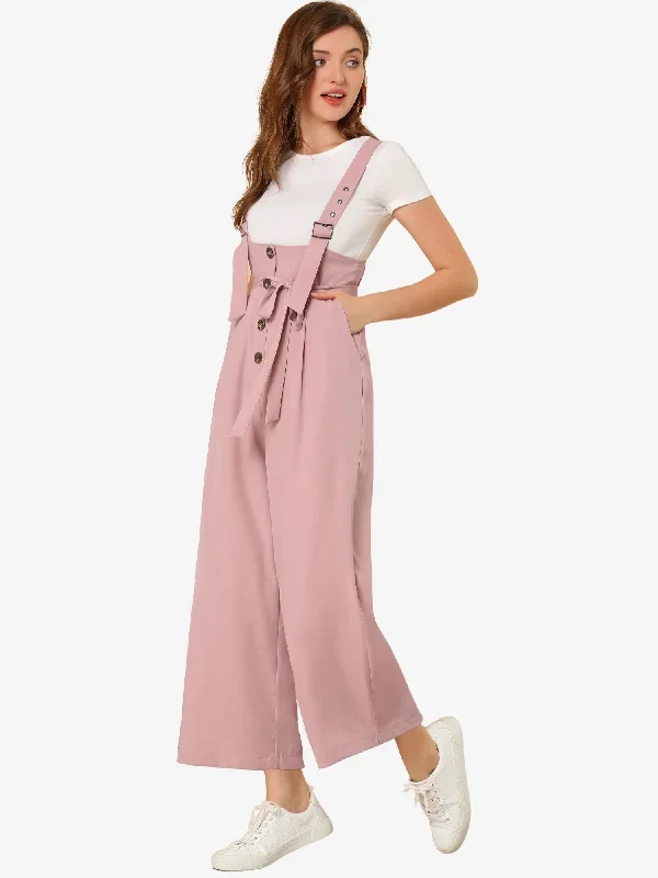 High Waist Wide Leg Belted Jumpsuit Button Long Overalls