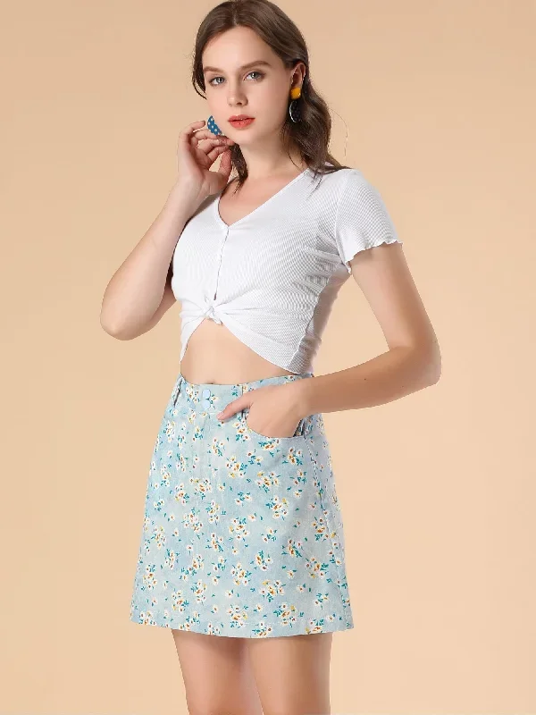 Daisy Floral Pockets A-Line Chambray Mini Skirt