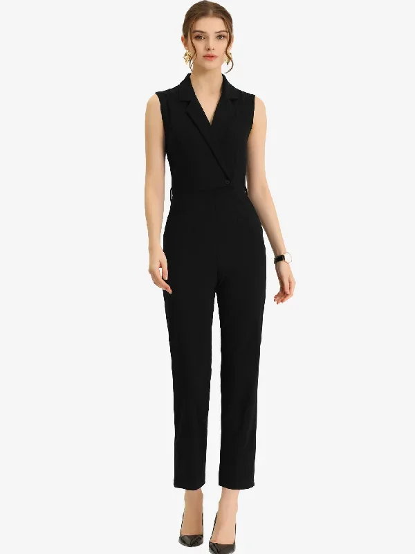 Sleeveless Button Front Closure Long Leg Pocket Belted Jumpsuits