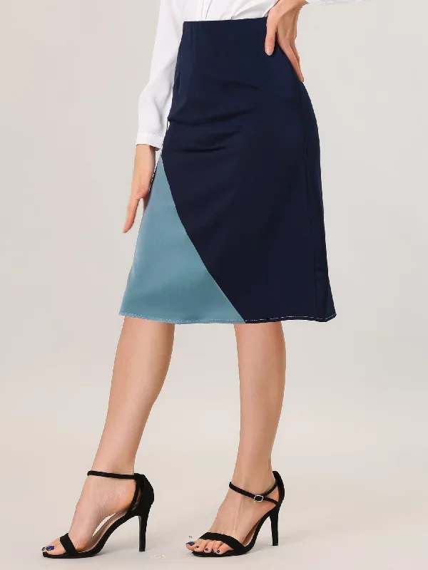 Satin Contrast Color High Waist A-Line Work Office Skirt