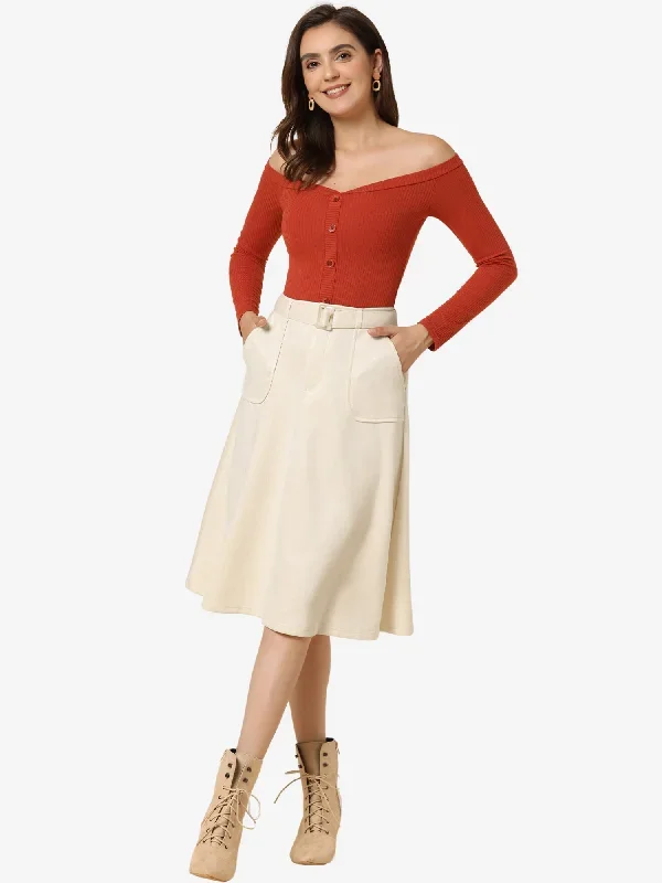 Casual Faux Suede Pockets Stretch A-line Midi Skirt with Belt