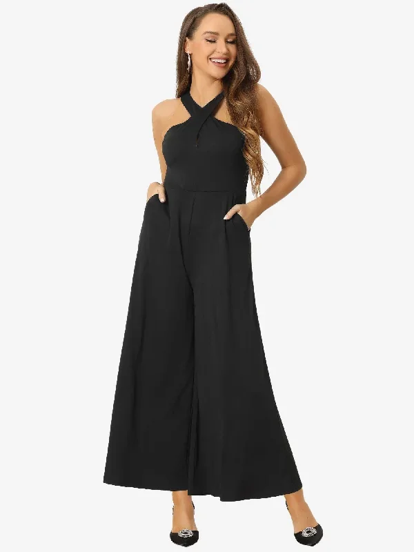 Cross Neck Wide Leg Sleeveless Full Length Pocketed Jumpsuits