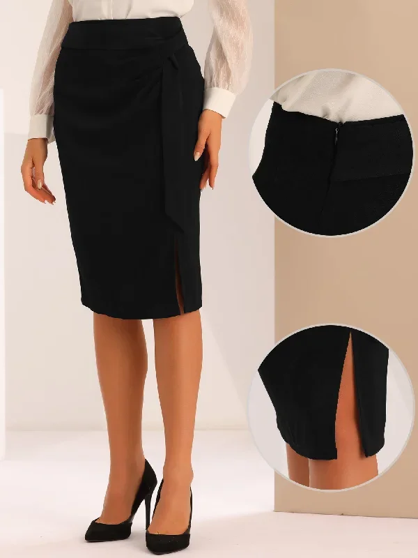 Pencil Bow Tie Waist Split Knee Length Bodycon Skirt