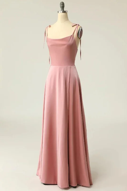 peach-satin-square-neck-tying-straps-long-bridesmaid-dress