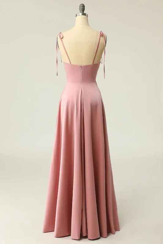 peach-satin-square-neck-tying-straps-long-bridesmaid-dress