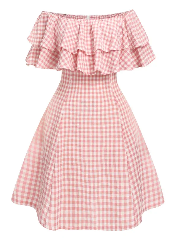 Pink 1950s Plaid Off-Shoulder Dress