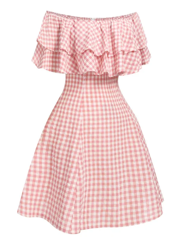 pink-1950s-plaid-off-shoulder-dress