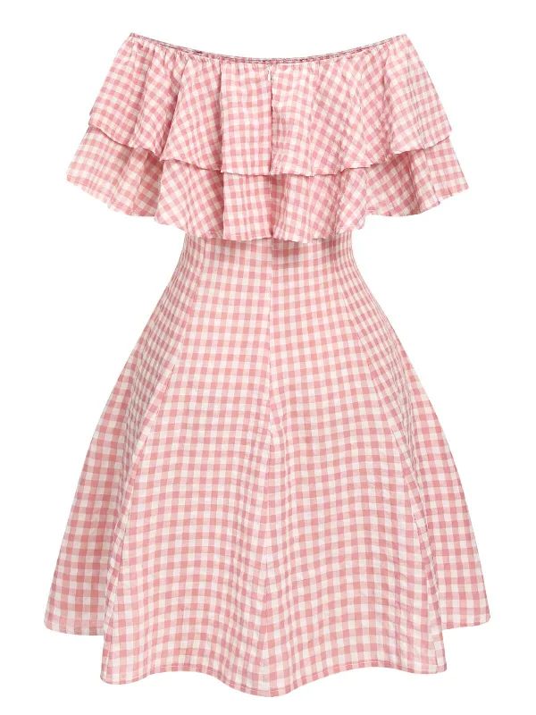 pink-1950s-plaid-off-shoulder-dress