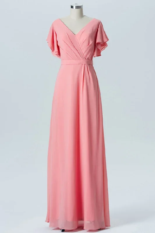 Pink Chiffon Ruffled Sleeves Backless Bridesmaid Dress