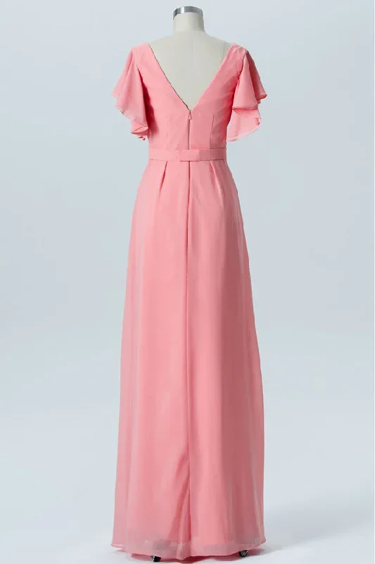 pink-chiffon-ruffled-sleeves-backless-bridesmaid-dress